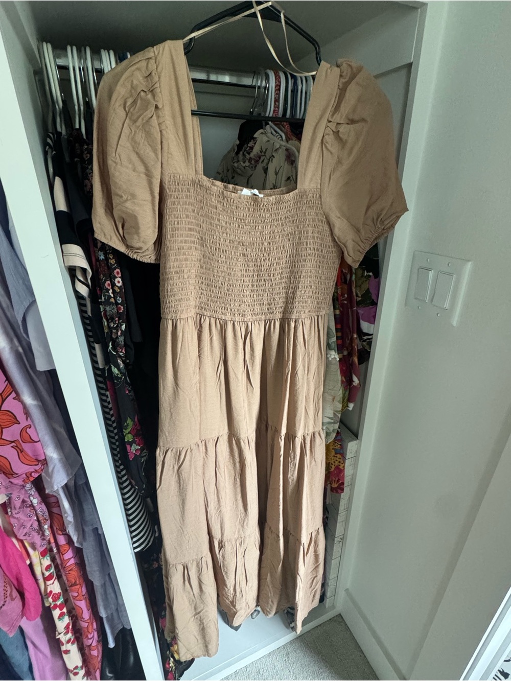 Beige Puff-Sleeve Maxi Dress